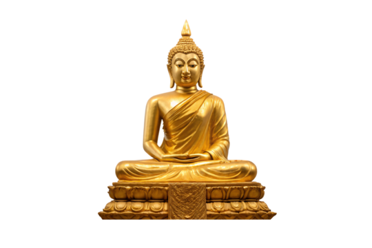 Golden Buddha sculpture displaying traditional meditation posture with intricate drapery and calm facial features, isolated on a transparent background