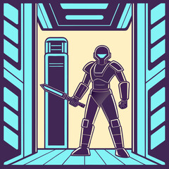 Sci-fi warrior stands ready with glowing sword in futuristic doorway