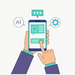 Person interacting with AI chatbot on smartphone, discussing technology solutions