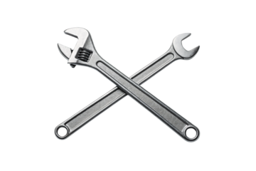 Adjustable wrench crossed with fixed wrench showing professional grade mechanical repair tool set, isolated on a transparent background