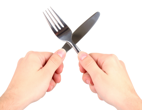 Close-Up of Human Hands Holding Silver Fork and Knife, Front View, Isolated on White Background