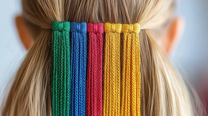 A close-up of colorful hair accessories styled in a ponytail, showcasing vibrant rope-like strands, Perfect for beauty blogs, hairstyling tutorials, or youth-oriented fashion campaigns,