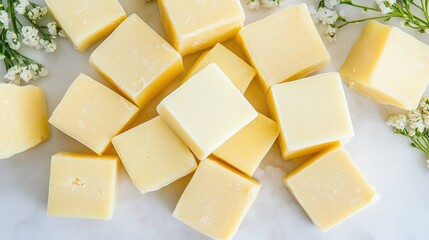 A close-up image of artisanal yellow soap bars arranged neatly with delicate white flowers, perfect for use in beauty product advertisements, online shops, or DIY natural skincare blogs,
