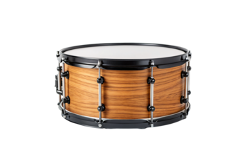 Wood grain snare drum with chrome hardware and white drumhead for percussion music performance, isolated on a transparent background