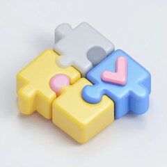 Three colorful puzzle pieces joined, forming a square.  A pink checkmark sits on a light blue piece.  Pastel colors.  3D render