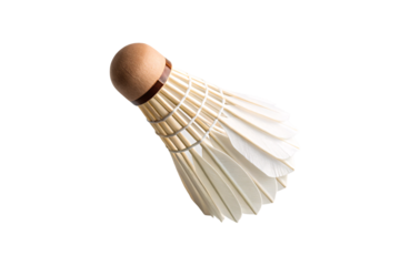 Natural feather shuttlecock with cork head and traditional construction for competitive badminton matches, isolated on a transparent background