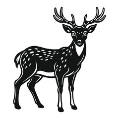 A black and white illustration of a proud stag with impressive antlers and a distinctive spotted coat, standing alert.