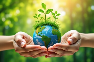 Hands holding a globe with plants growing, symbolizing environmental care