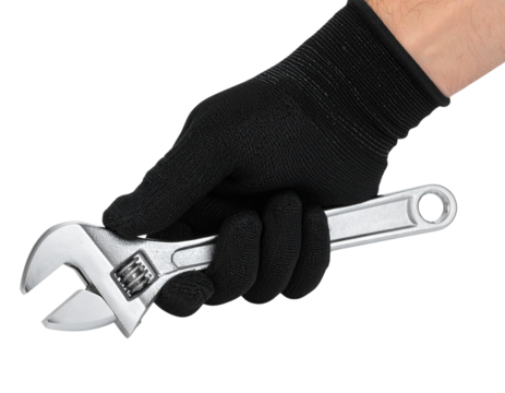 Close-Up of Mechanic's Gloved Hand Holding Torque Wrench, Front View, Isolated on White