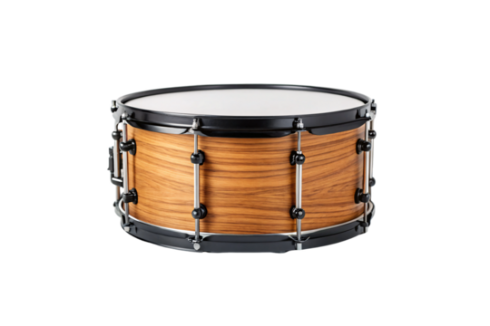 Wood grain snare drum with chrome hardware and white drumhead for percussion music performance, isolated on a transparent background