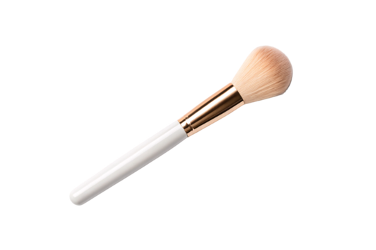 Powder brush with soft bristles, rose gold ferrule and white marbled handle, isolated on a transparent background