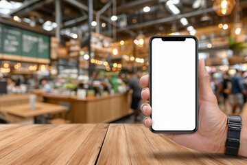 A man hand holding a smartphone with a blank screen on wooden table in a cozy modern coffee shop