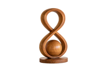 Wooden infinity symbol sculpture with sphere inside, crafted from natural wood grain, isolated on a transparent background