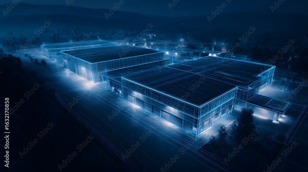 Poster illuminated factory expansion blueprint with sharp focus