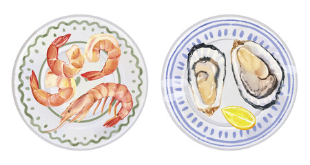 Watercolor hand painted raw seafood shrimps and oysters on plate simple sketch illustration on white background. DIY elements for French cuisine menu, social media, ads and posters