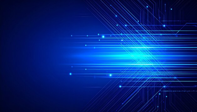 Digital technology concept with abstract glowing speed lines and a futuristic circuit pattern on a dark blue background.