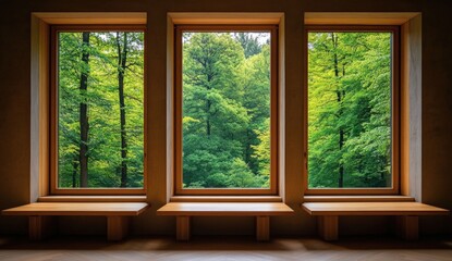 Fototapeta premium A serene interior view featuring three wooden-framed windows, showcasing lush green trees outside, creating a peaceful connection with nature.