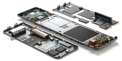 Disassembled smartphone showing internal electronic components, circuits, and hardware parts, isolated on white background