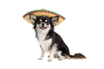 Long-haired black and white Chihuahua dog wearing traditional Mexican sombrero, happy expression with tongue out, isolated on a transparent background