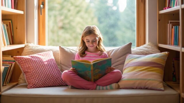 A girl reading a book while sitting on a cozy window seat surrounded by cushions and illuminated by natural light.