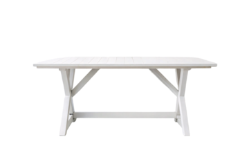 White painted farmhouse dining table with crossed support beams and rustic country design, isolated on a transparent background
