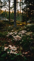 Obraz premium Cluster of mushrooms in a forest floor.