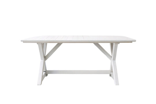 White painted farmhouse dining table with crossed support beams and rustic country design, isolated on a transparent background