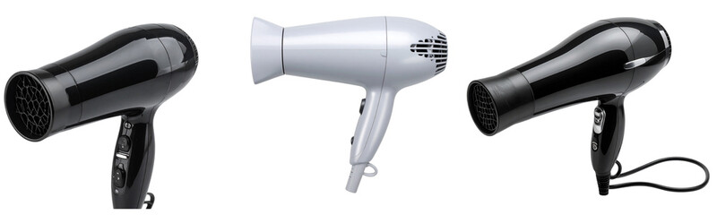  Set Front-Facing Hair Dryer with Diffuser Attachment and Curved Body, Isolated on Transparent Background PNG