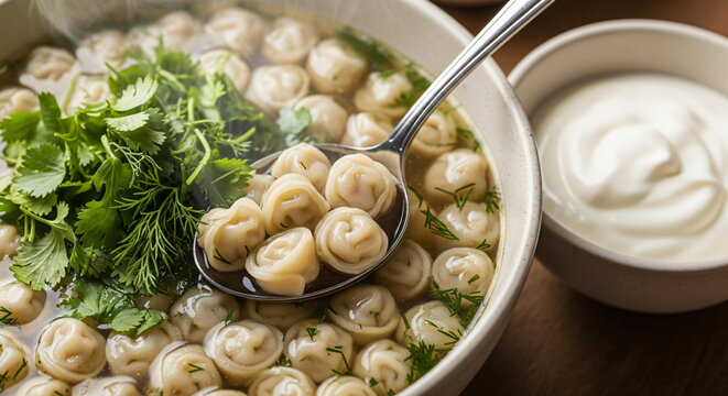 Authentic Uzbek Chuchvara Soup, a Traditional Central Asian Cuisine. Editorial Food Photography