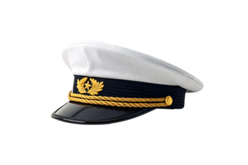 White naval officer's cap with gold braided trim and embroidered insignia, formal military headwear, isolated on a transparent background