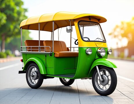 A vibrant green and yellow auto-rickshaw taxi parked on a sunny city street, symbolizing traditional Asian urban transportation.