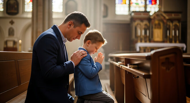 Child praying with their father in a place of worship, learning religious values - Powered by Adobe