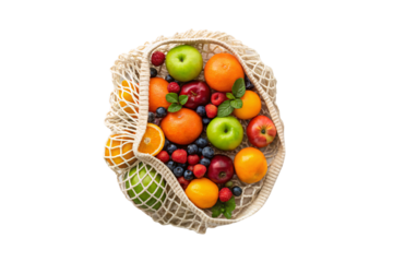 Round mesh bag overflowing with mixed fresh fruits and berries, sustainable produce carrier, isolated on a transparent background