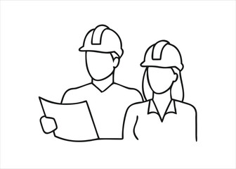 Skilled laborers wearing protective headgear depicted in a fluid unbroken single line art style isolated on white background