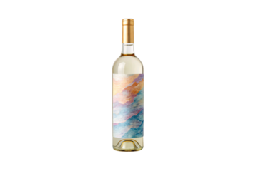 White wine bottle displaying dreamy watercolor mountain landscape in soft pastel blue pink tones, isolated on a transparent background