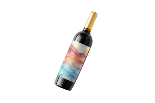 Red wine bottle featuring abstract watercolor artwork label with flowing blue pink orange tones, isolated on a transparent background - Powered by Adobe