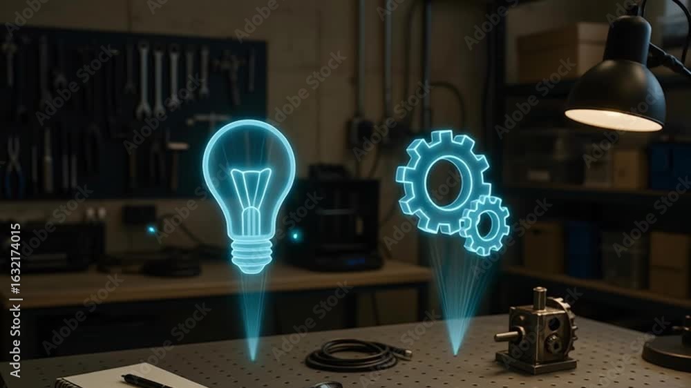 Poster innovation lightbulb and gears hologram concept for creative problem solving