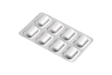 Silver pharmaceutical blister pack with eight capsule-shaped medications arranged in protective aluminum foil backing, isolated on a transparent background