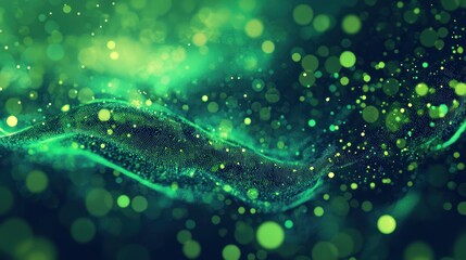 A vibrant green wave of particles and bokeh lights against a dark background, evoking a sense of energy and movement.
