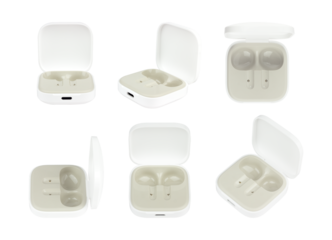 set of wireless headphones in a charging case, isolated from the background