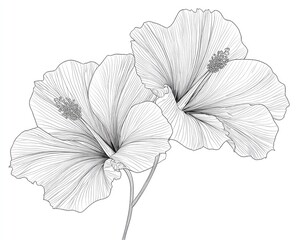 Two hibiscus blossoms, delicate line art