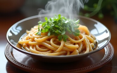 Steaming Pho noodles with fresh herbs on lacquer tray, representing Vietnam's inviting National Day cuisine. High quality