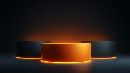 Orange, black, glowing cylinder display shows smooth surfaces with neon light, for product staging, branding, poster design, minimal modern layouts.
