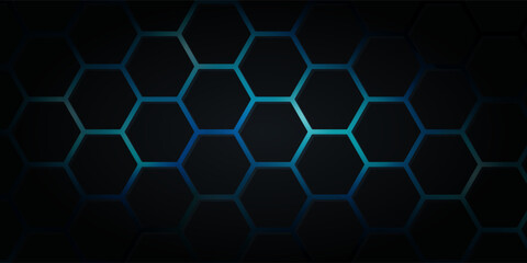 Dark blue technology hexagonal vector background. Abstract blue bright energy flashes under hexagon in navy blue technology, modern, futuristic vector illustration.