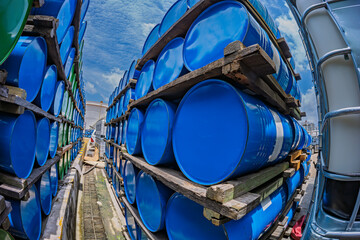 Barrels stock chemical products The metal barrels are blue. Chemistry