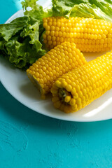 Close-up of boiled corn on a white plate