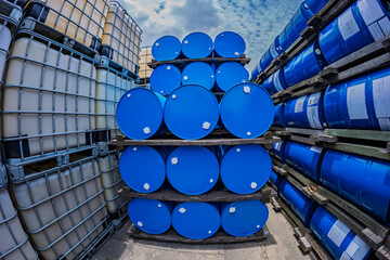 Barrels stock chemical products The metal barrels are blue. Chemistry