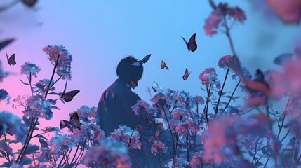 Silhouette breaking into butterflies, coral, sky blue