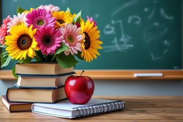 Flowers and apple on books in classroom, symbolizing education and knowledge