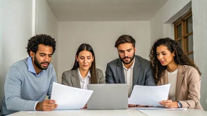 Fototapeta premium A diverse group of four professionals collaboratively reviewing documents while working on a laptop in a bright, minimalist workspace.